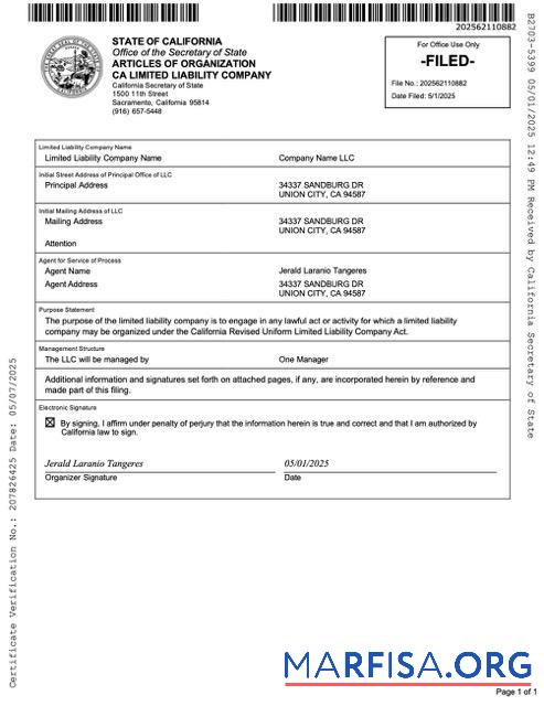 Printable USA California articles of organization limited liability company Word and PDF template